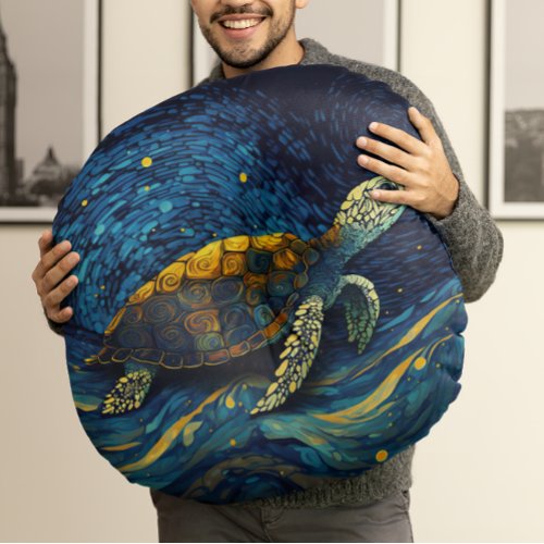 Colorful Turtle Swimming Under Starry Night Sky _ Round Pillow