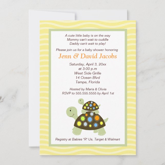 Colorful Turtles 5x7 Baby Shower Invite - Yellow (Front)