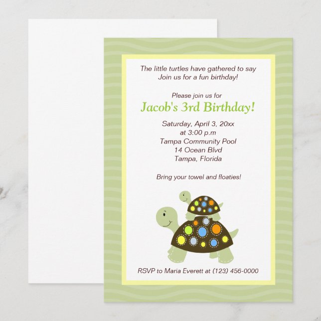 Colorful Turtles 5x7 Birthday Invitation - Green (Front/Back)