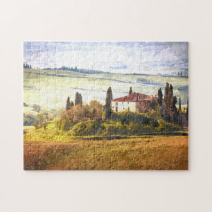Colorful Tuscany Hills Scenic Landscape Watercolor Jigsaw Puzzle