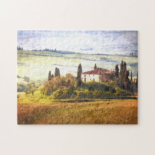 Colorful Tuscany Hills Scenic Landscape Watercolor Jigsaw Puzzle