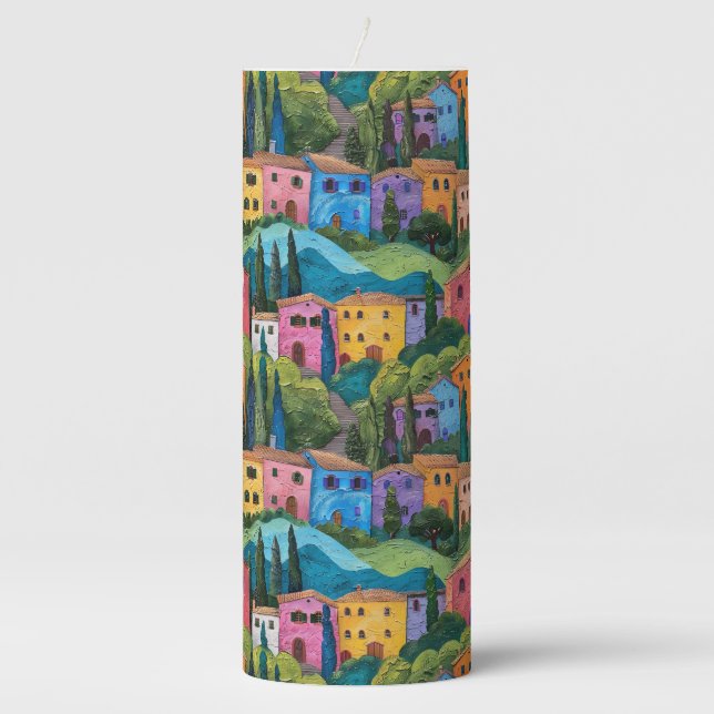 Colorful Tuscany houses pattern Pillar Candle (Front)