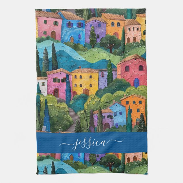 Colorful tuscany pattern script name kitchen towel (Vertical)