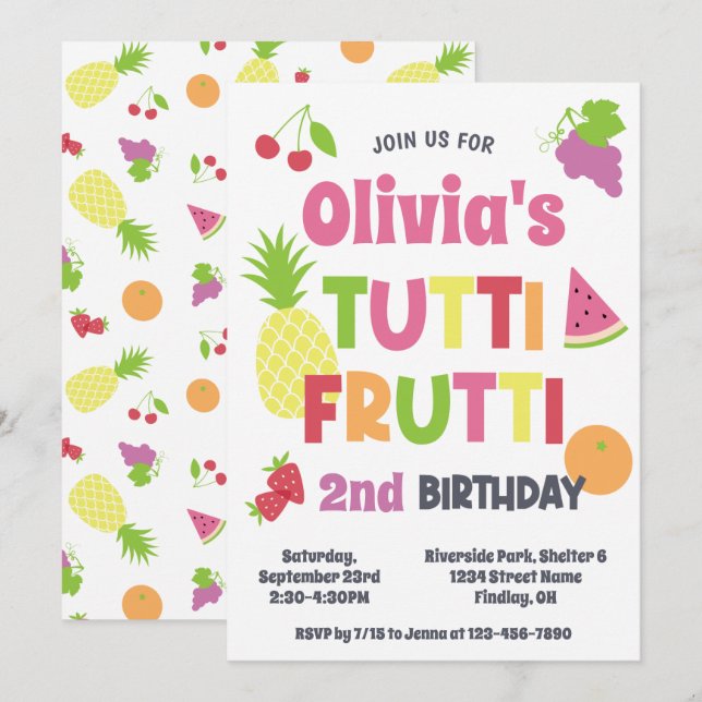Colorful Tutti Frutti Birthday Party, Any Age Invitation (Front/Back)