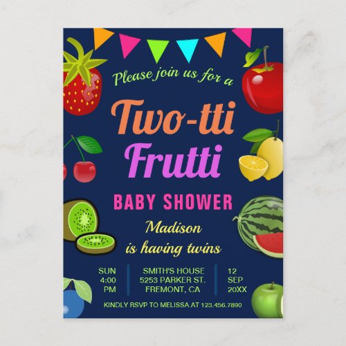 Colorful Tutti Frutti Twins Baby Shower Invitation Postcard