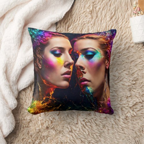 Colorful Twin Faces With Neon Effects at Night Throw Pillow