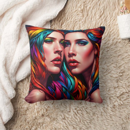 Colorful Twin Portrait With Bold Hair Throw Pillow