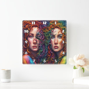 Colorful Twin Portrait With Curly Hair Square Wall Clock