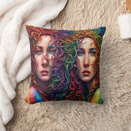 Colorful Twin Portrait With Curly Hair Throw Pillow