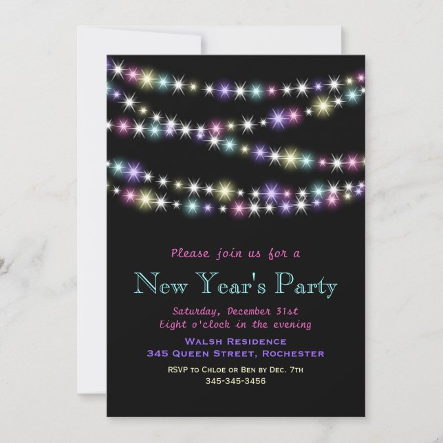Colorful Twinkle Lights New Year's Invitation (Front)