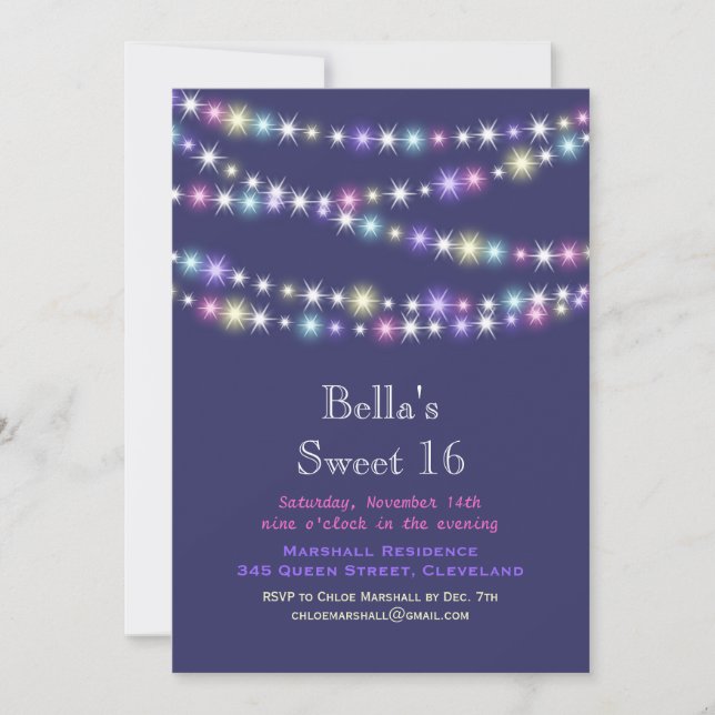 Colorful Twinkle Lights Sweet 16 Invitation purple (Front)