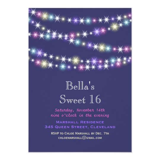 Colorful Twinkle Lights Sweet 16 Invitation Purple