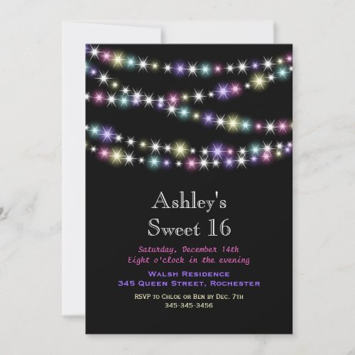 Colorful Twinkle Lights Sweet 16 Party Invitation