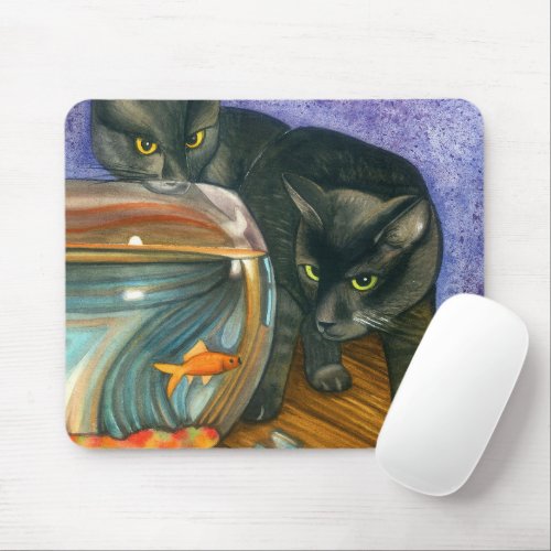 Colorful  Two Black Cats Eyeing Gold Fish Bowl  Mouse Pad