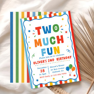 Colorful Two Much Fun Second Birthday Invitation