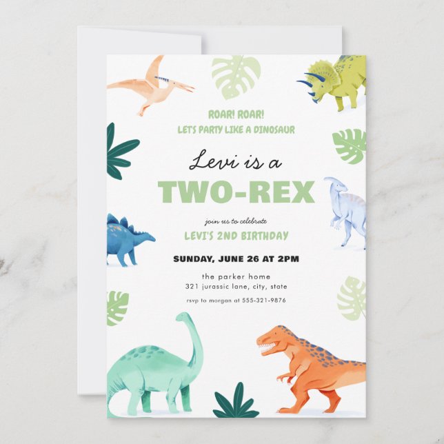 Colorful Two-Rex Dinosaur 2nd Birthday Invitation (Front)