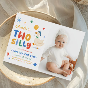 Colorful Two Silly Goose Kids 2nd Birthday Photo Invitation