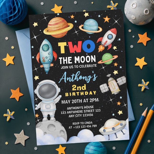 Colorful Two The Moon Space Rocket Birthday  Invitation (Creator Uploaded)