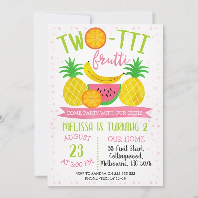 Colorful Twotti Frutti 2nd Birthday Invitation (Front)