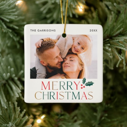 Colorful Type Merry Christmas Photo  Ceramic Ornament
