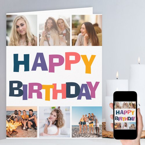 Colorful Typography 6 Photo Collage Happy Birthday Card