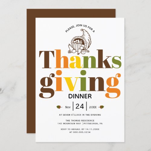 Colorful typography and cornucopia Thanksgiving Invitation