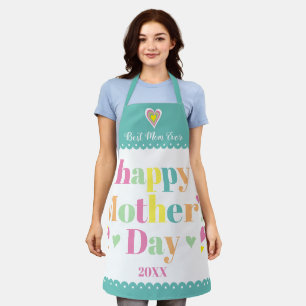 Colorful typography and hearts, teal Mothers Day Apron