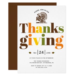 Colorful typography and turkey Thanksgiving Invitation