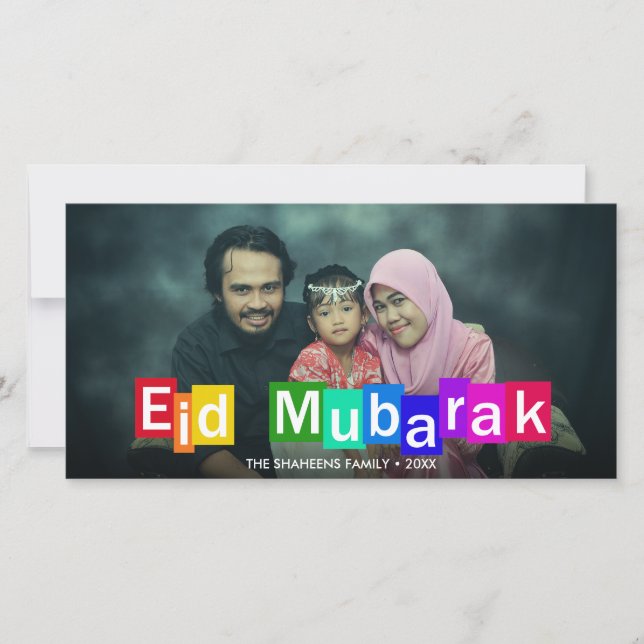 Colorful Typography Blocks Eid Mubarak Photo Card (Front)