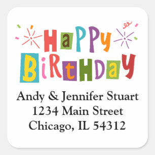 Colorful Typography Happy Birthday Return Address Square Sticker