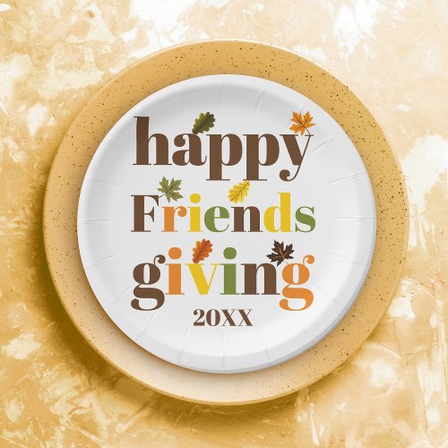 Colorful typography Happy Friendsgiving fall Paper Plates