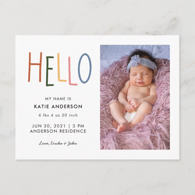 Colorful Typography Hello Birth Announcement (Front)