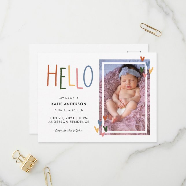 Colorful Typography Hello Birth Announcement (Front/Back In Situ)