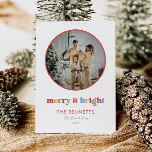 Colorful Typography Merry & Bright Round Photo Holiday Card