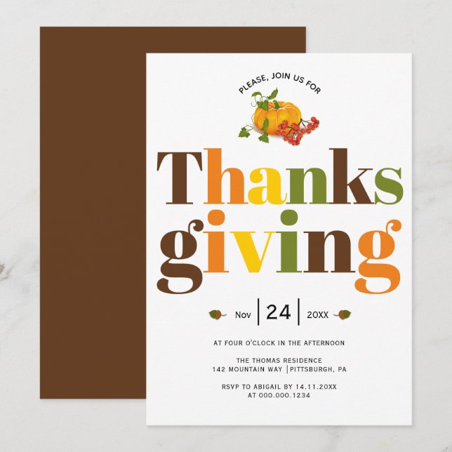 Colorful typography pumkin Thanksgiving Invitation (Front/Back)