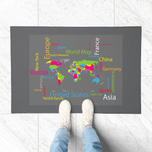 Colorful Typography World Map Modern Word Travel Doormat