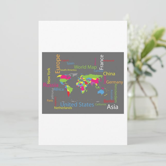 Colorful Typography World Map Modern Word Travel  Invitation (Standing Front)