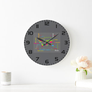 Colorful Typography World Map Modern Word Travel Large Clock