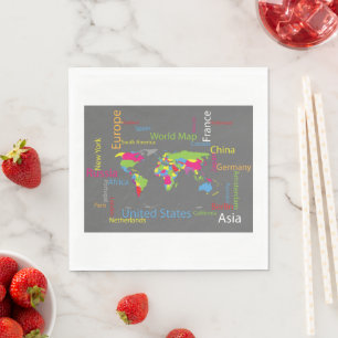 Colorful Typography World Map Modern Word Travel Napkins