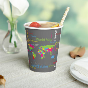 Colorful Typography World Map Modern Word Travel Paper Cups