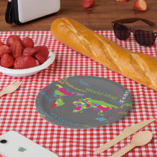 Colorful Typography World Map Modern Word Travel Paper Plates