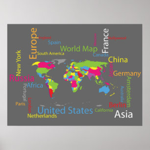 Colorful Typography World Map Modern Word Travel Poster