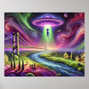 Colorful UFO Abduction Scene Alien and Cosmic Sky Poster