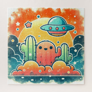 Colorful UFO Cactus Desert Scene Jigsaw Puzz Jigsaw Puzzle