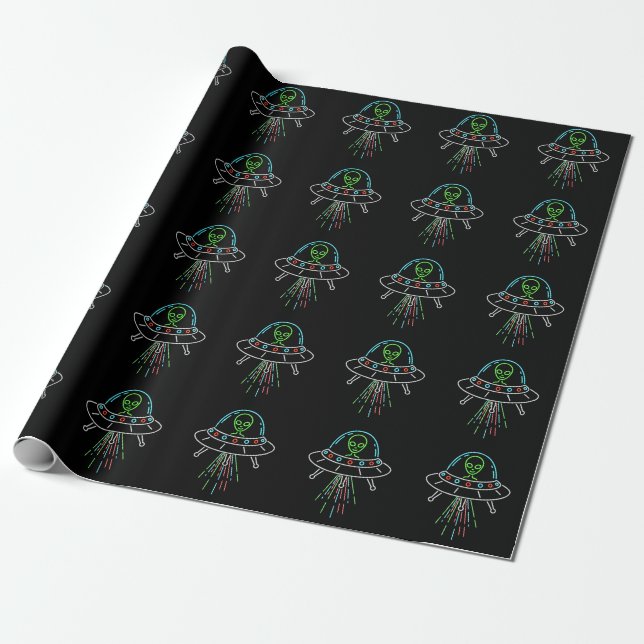 Colorful UFO Cute Alien Abduction Wrapping Paper (Unrolled)
