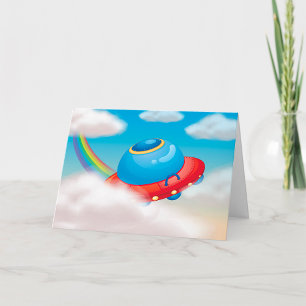 Colorful UFO Spaceship Flying Through Clouds Card