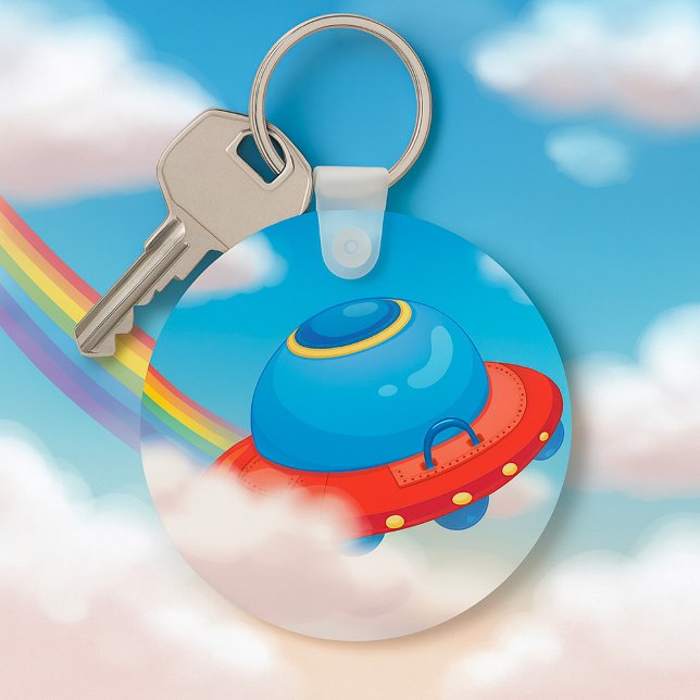 Colorful UFO Spaceship Flying Through Clouds Keychain (Creator Uploaded)