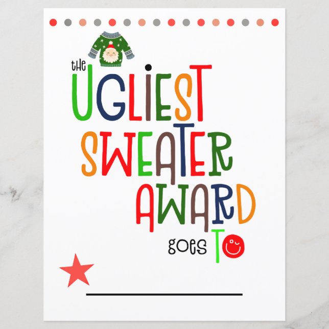 Colorful Ugliest Sweater Winner Award Certificate (Front)