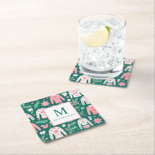 Colorful Ugly Sweater Holiday Monogram Square Paper Coaster