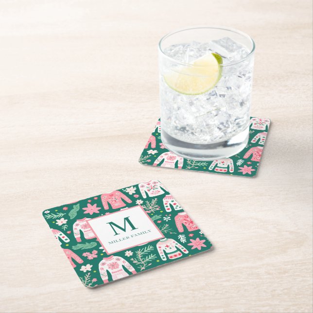 Colorful Ugly Sweater Holiday Monogram Square Paper Coaster (Insitu)